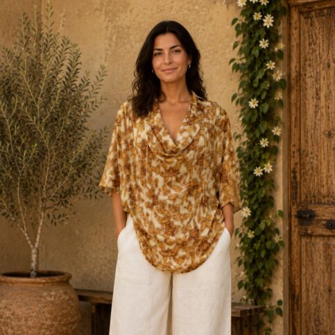Cowl neck draped shadow print on polka crepe satin silk jacquard