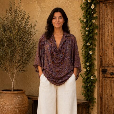 Cowl neck draped shadow print on polka crepe satin silk jacquard