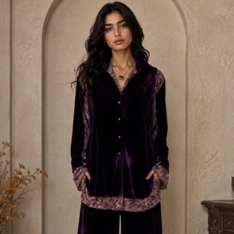 Double layered silk jacquard print & silk velvet , gusset pockit blouse .