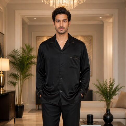 Mens silk satin piped trim pajama set