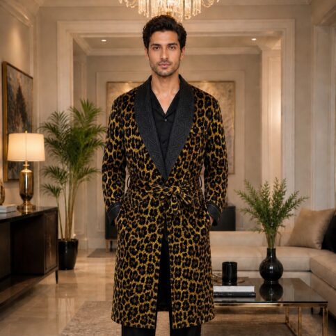 Mens chita print silk velvet dressing gown .