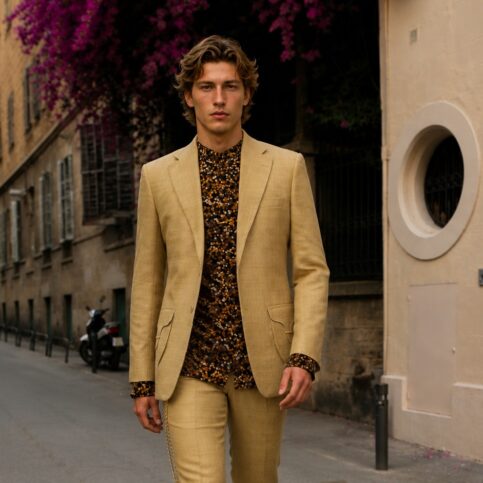 Mens hand woven raw silk 2 button jacket with insert gusset pockits
