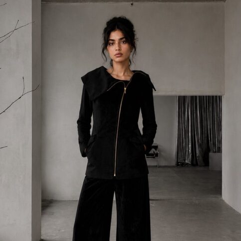 ladies silk velvet cross front zip turtle neck jacket