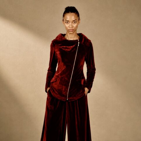 ladies silk velvet cross front zip turtle neck jacket