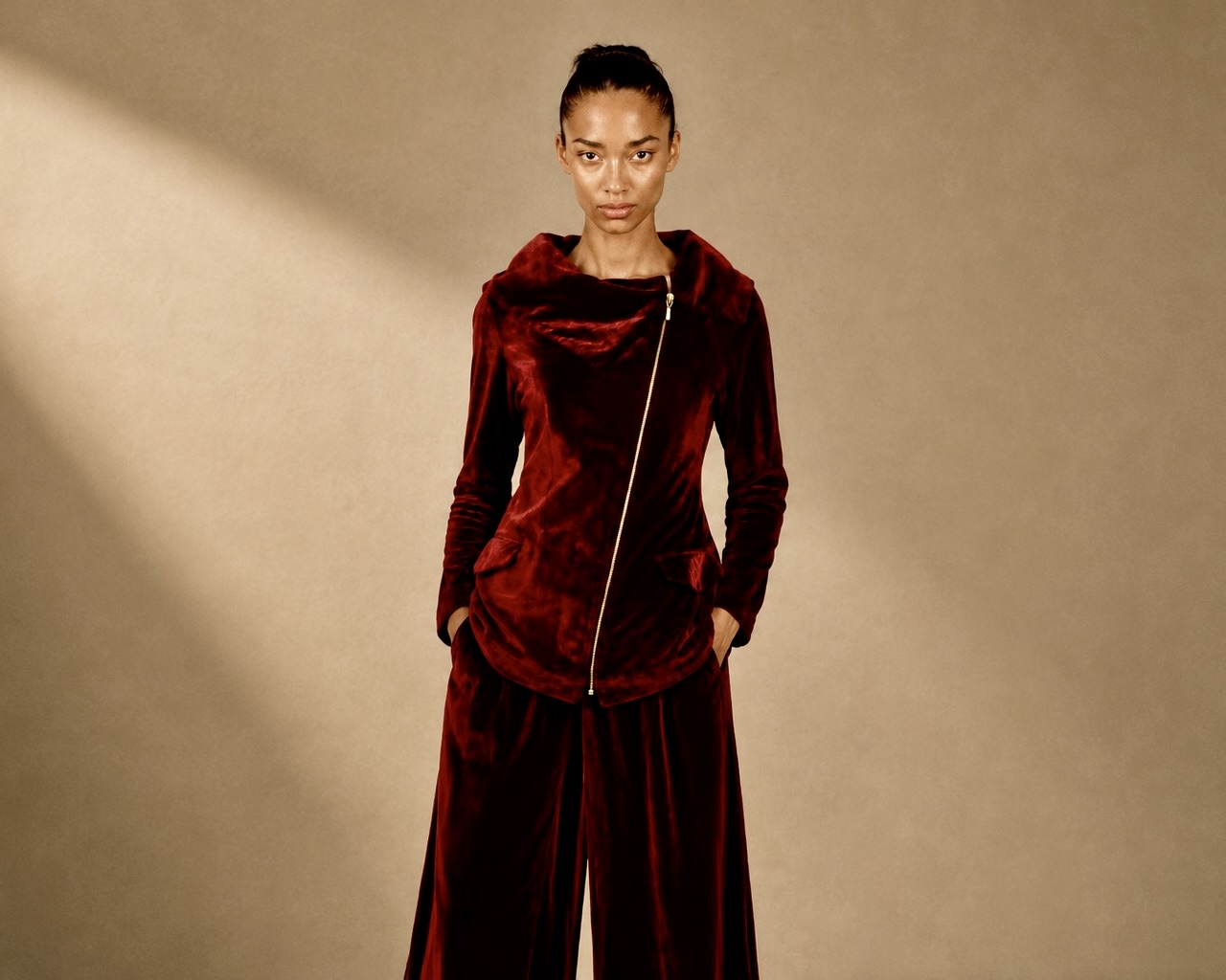 ladies silk velvet cross front zip turtle neck jacket