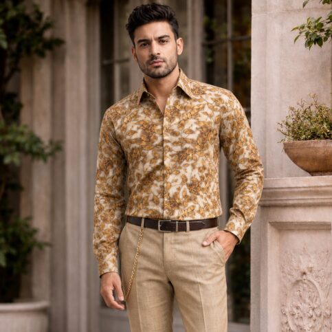 Polka satin silk jacquard shadow leaf print shirt