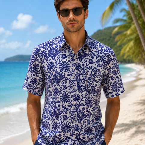 Habotai silk hibiscus print shirt sleeve shirt