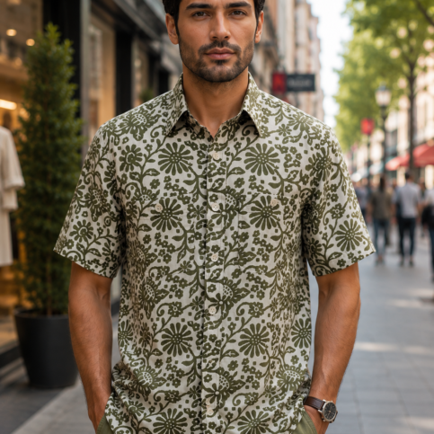 Habotai silk hibiscus print shirt sleeve shirt