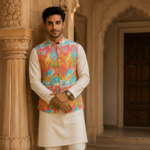 Mens silk wool blend with lurex jacquard ikat printed sleeveless coti