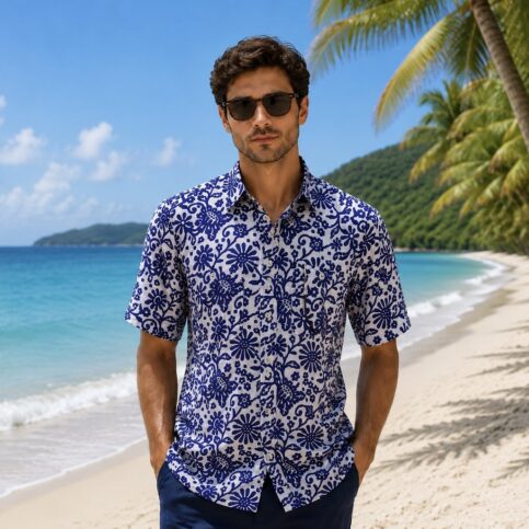 Habotai silk hibiscus print shirt sleeve shirt