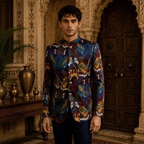 Silk wool blend lurex jacquard ikat printed nehru jacket