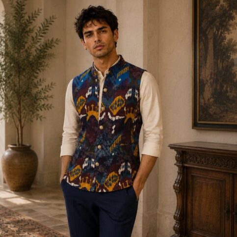 Mens silk wool blend with lurex jacquard ikat printed sleeveless coti