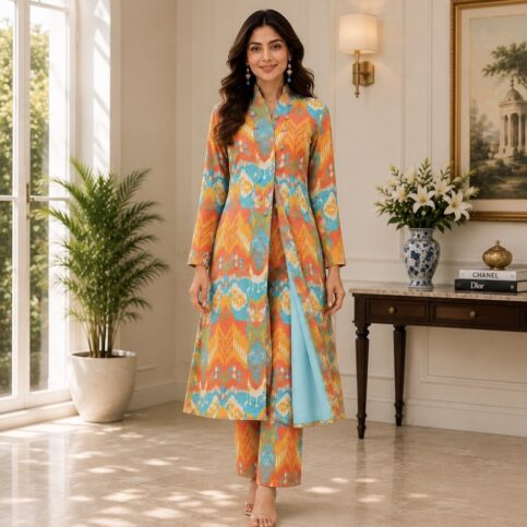 ladies silk wool blended jacquard with ikat print , long sleeve jacket