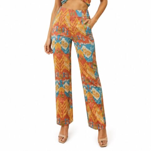 ladies silk wool blended jacquard with ikat print trousers