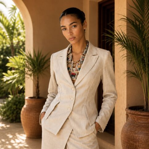 ladies flame yarn linen darted gusseted pockit jacket