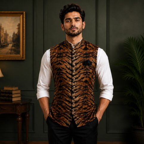 Tiger print dupion silk sleeveless coti