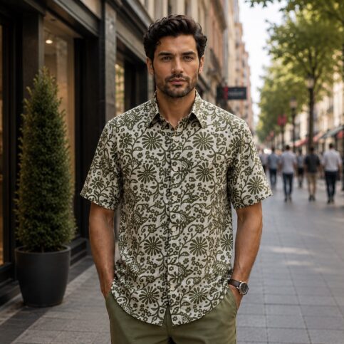 Habotai silk hibiscus print shirt sleeve shirt