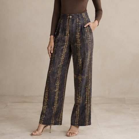 ladies crocodile print on fractile silk jacquard easy fit palazo trouser
