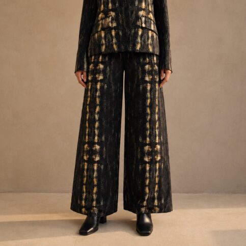 ladies crocodile print on fractile silk jacquard easy fit palazo trouser