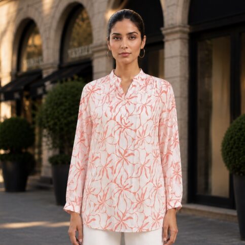Borgaon villa print on silk crimp satin chiffon ladies raglan sleeve blouse .