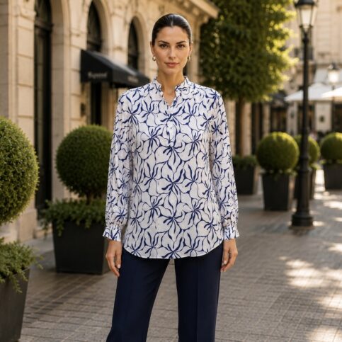 Borgaon villa print on silk crimp satin chiffon ladies raglan sleeve blouse .