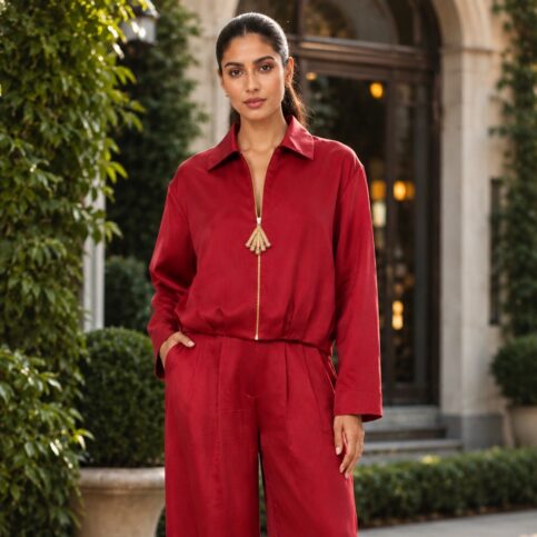 ladies pleated zip front dupion satin silk jacket