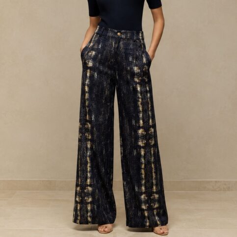 ladies crocodile print on fractile silk jacquard easy fit palazo trouser