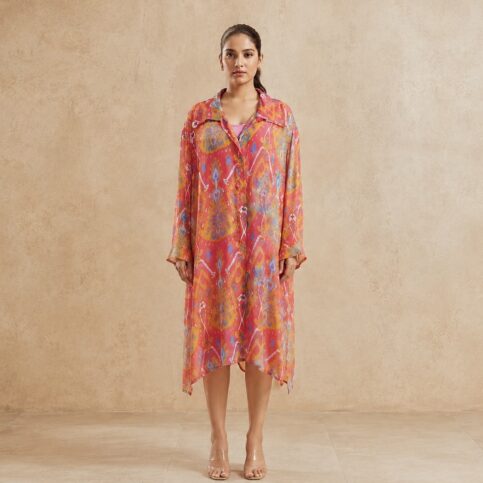 Flame ikat print on silk net longsleve shirt dress