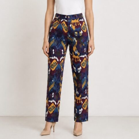 ladies silk wool blended jacquard with ikat print trousers