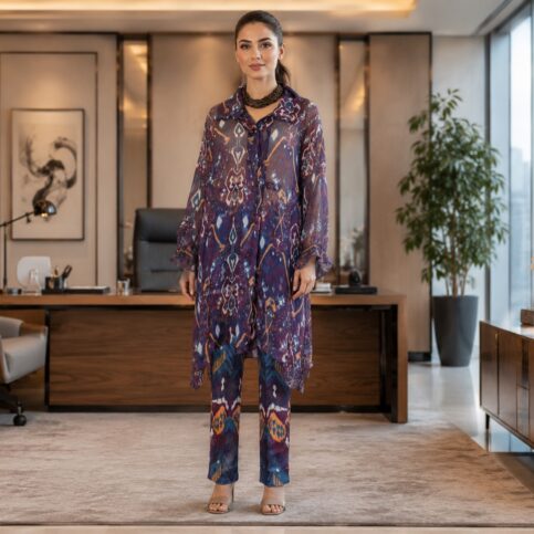 Flame ikat print on silk net longsleve shirt dress