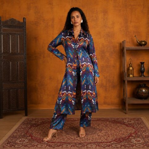 ladies silk wool blended jacquard with ikat print , long sleeve jacket